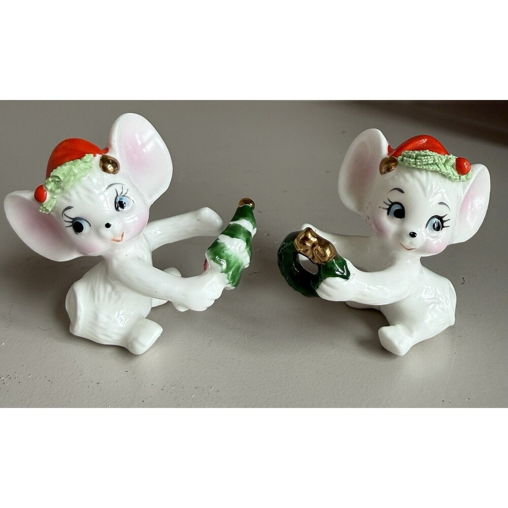 Vintage Napcoware Christmas Mice Candle Huggers Napco Candle Climbers Set